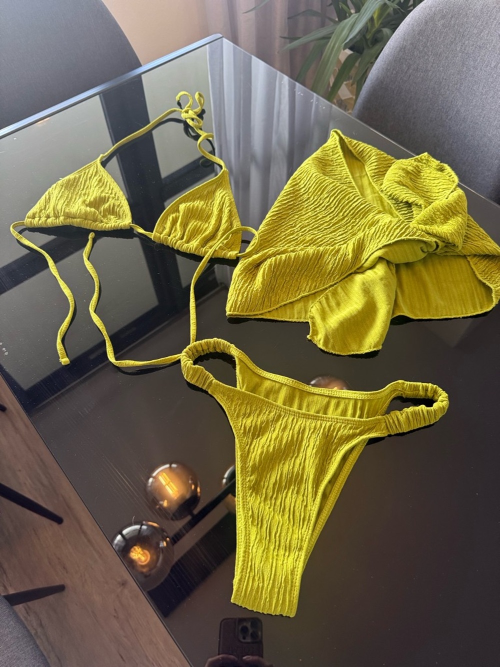 Olive Green Bikini Set with Wrap Skirt | Textured Triangle Swim + Cover Up - Picture 3 of 7